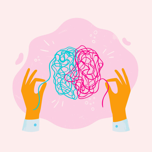 Icon of hand untangling lines in a shape of brain as a symbol to mental health concerns.