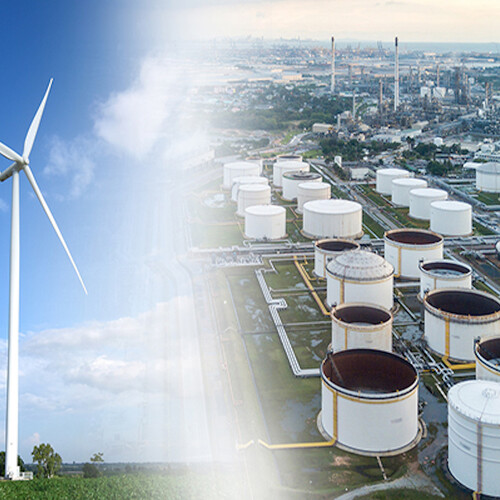 At left, a windmill on a sunny day. At right, an energy facility aerial view.