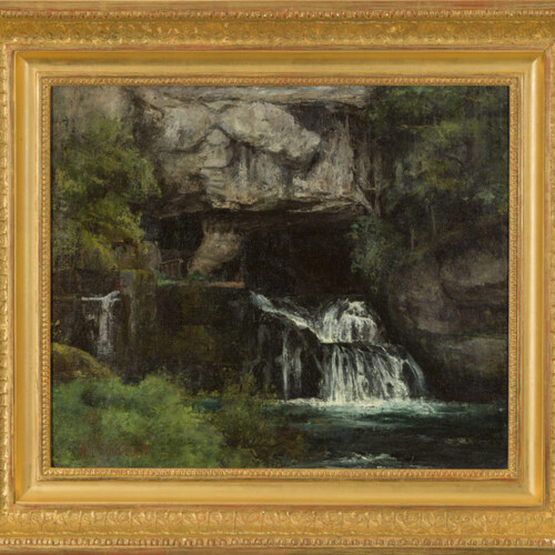 Landscape painting of waterfall and surrounding rocks and foliage