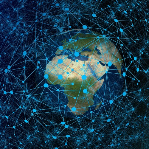 Earth surrounded by interconnected lines and points.
