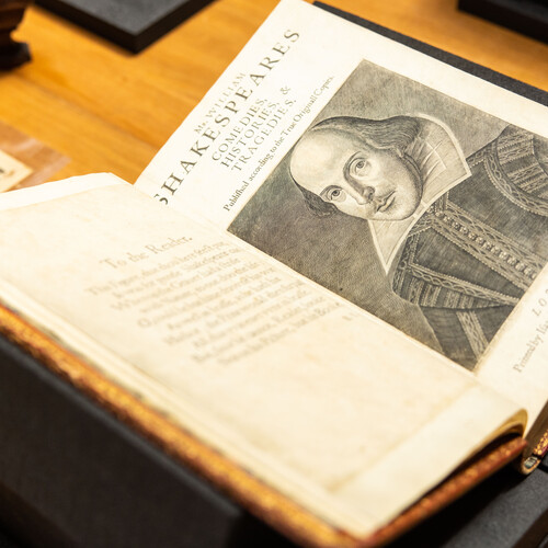 A Shakespeare First Folio dated 1623 open to the title page