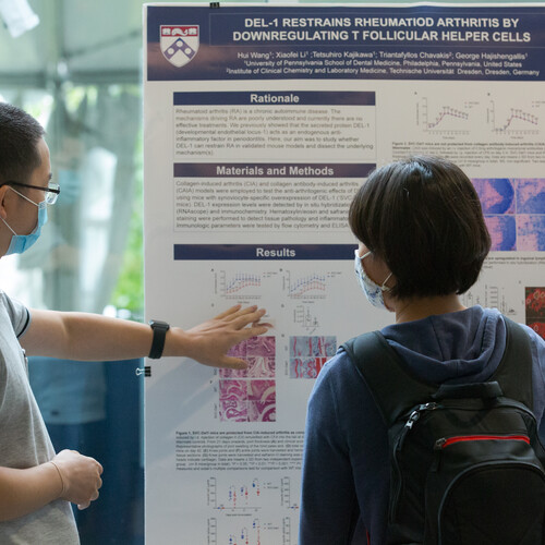 Students looking at information poster about rheumatoid arthritis.