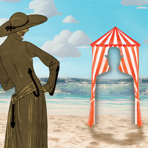 Silhouette of person on the beach observing a cut-out tent.