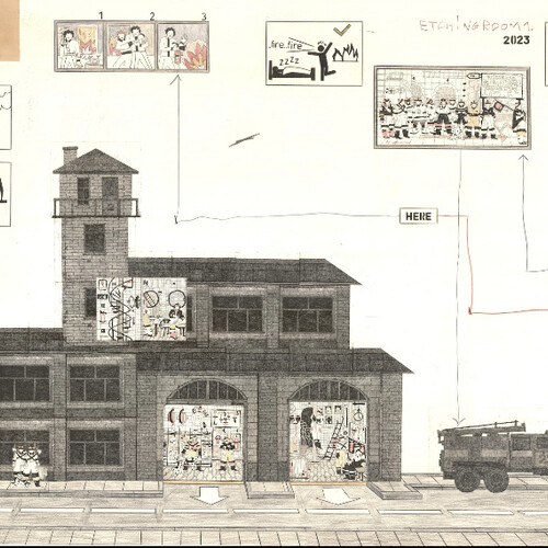A building sketched with a series of illustrations showing figures escaping from fire.