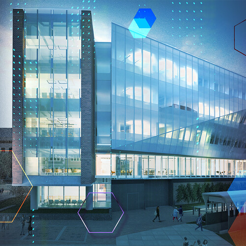 Building facade with symbols of artificial intelligence.