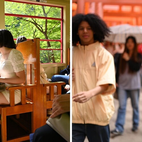 Left: Penn students on a train in Japan. Right: Penn students under a portico in Japan.