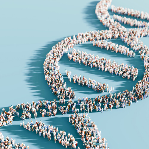 A DNA strand made up of crowds of people.