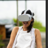 Woman with VR headset smiling
