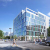 Rendering of the new Tangen Hall building on the street corner with pedestrian and auto traffic.