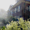 Brick building with shutters on windows and bushes in front