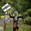 Scarecrows holding "vote" sign with a belt in American-flag pattern
