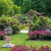 Rose garden view with ornamental planters.