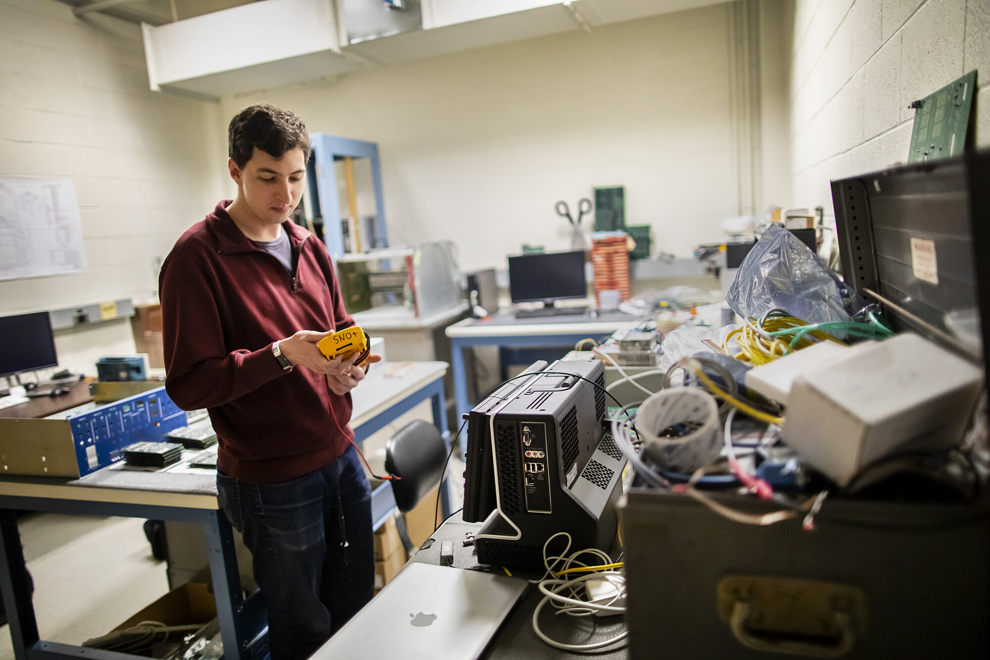 Marzec and his colleagues in the Klein lab regularly test and repair electronics for the SNO detector.