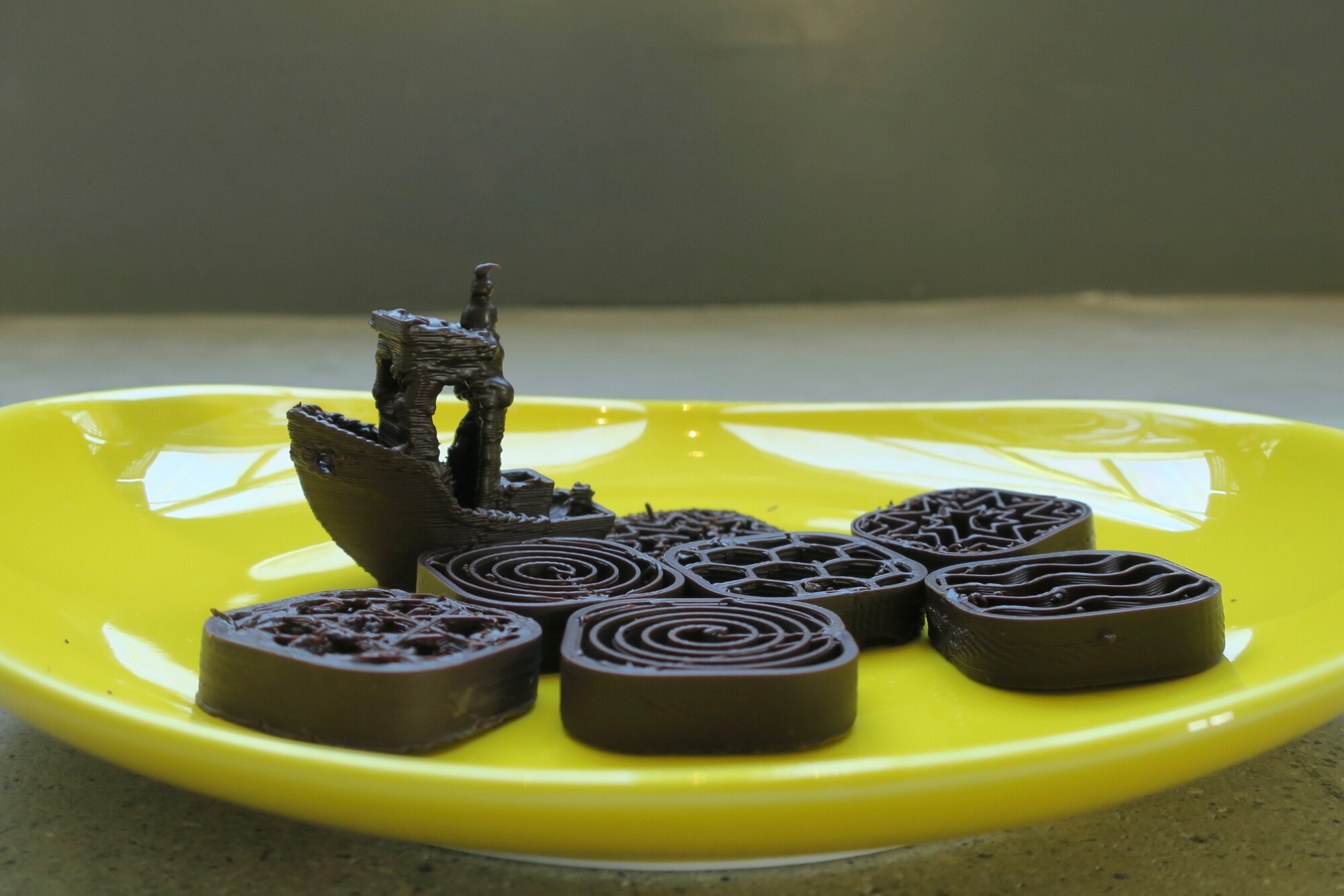 A dish of bespoke 3D printed chocolates