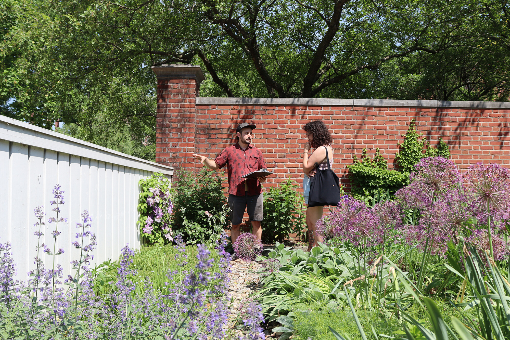 Two people in a garden standing by a corner of the garden.