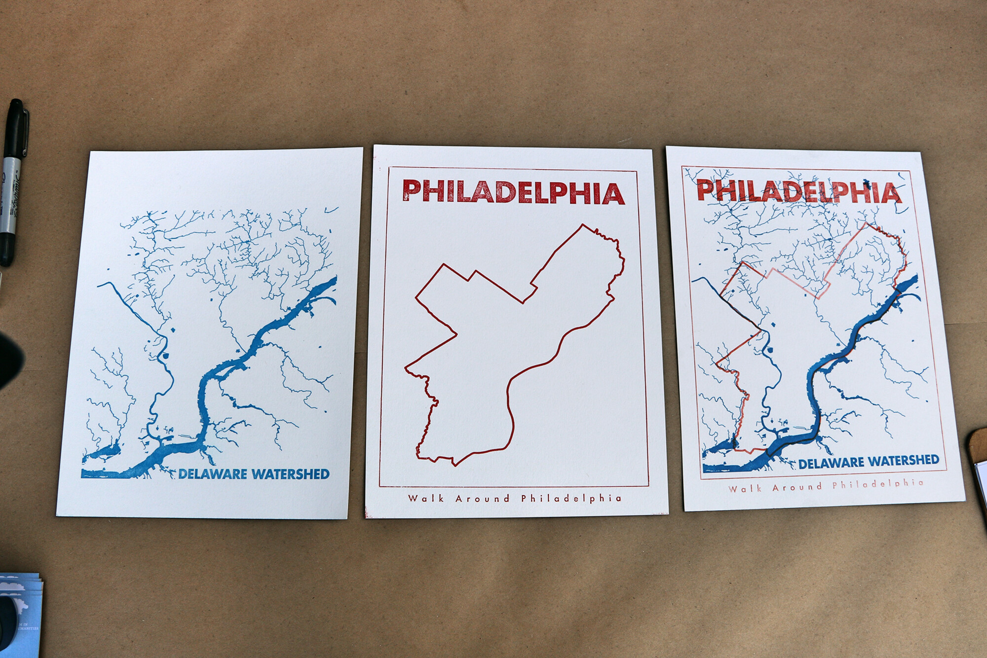 Three maps of Philadelphia, two showing waterways.