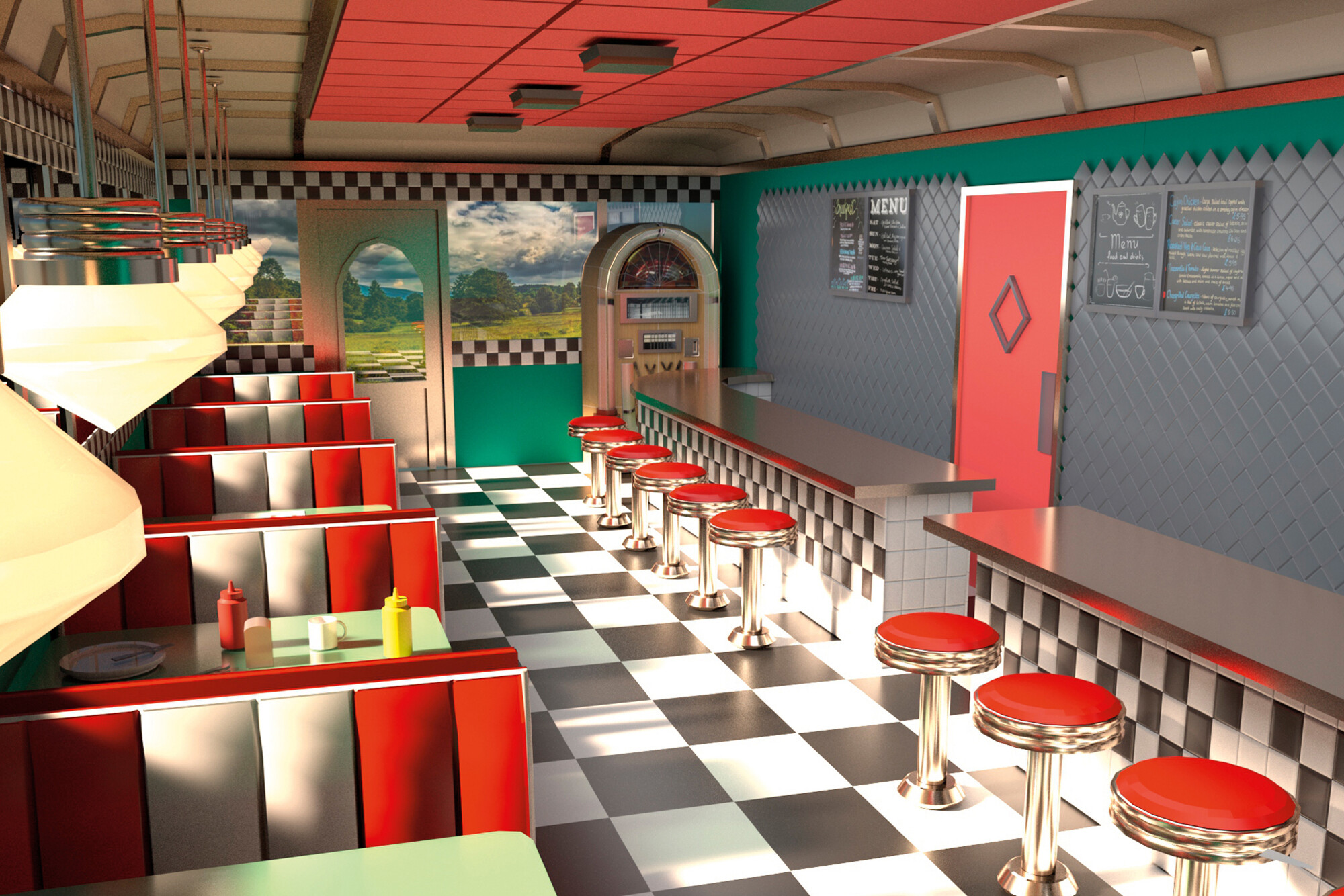 Video game rendering of a diner interior.