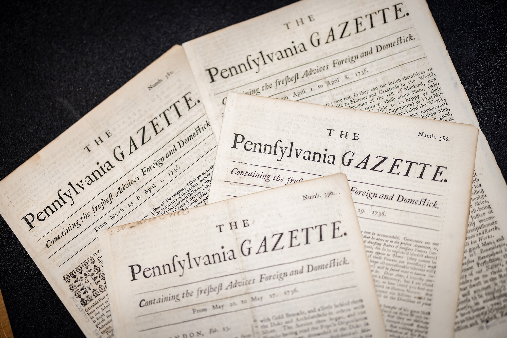 Copies of historic Pennsylvania Gazette papers.