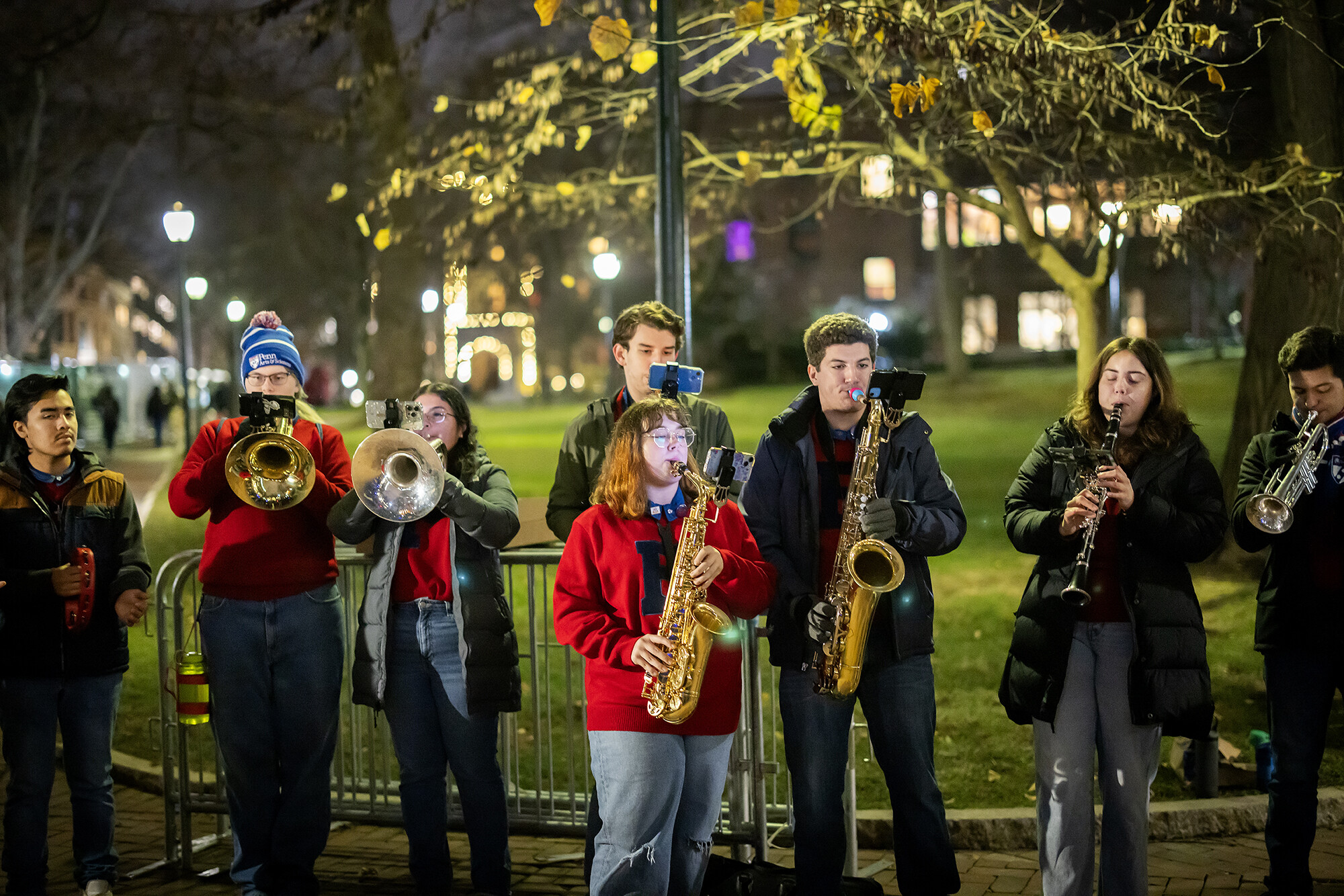The Penn Band playing in front of College Hall at a Hanukkah ceremony.