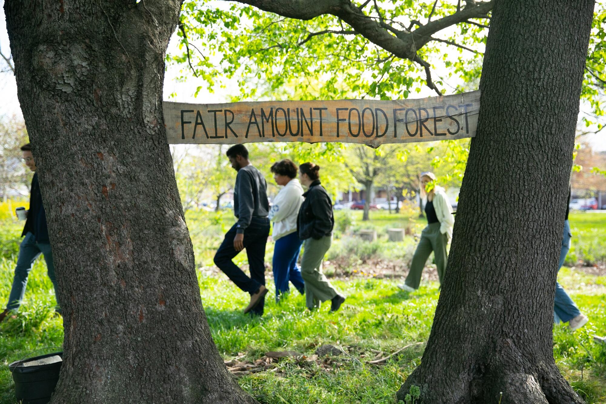 Penn students walking through Fair Amount Food Forest.