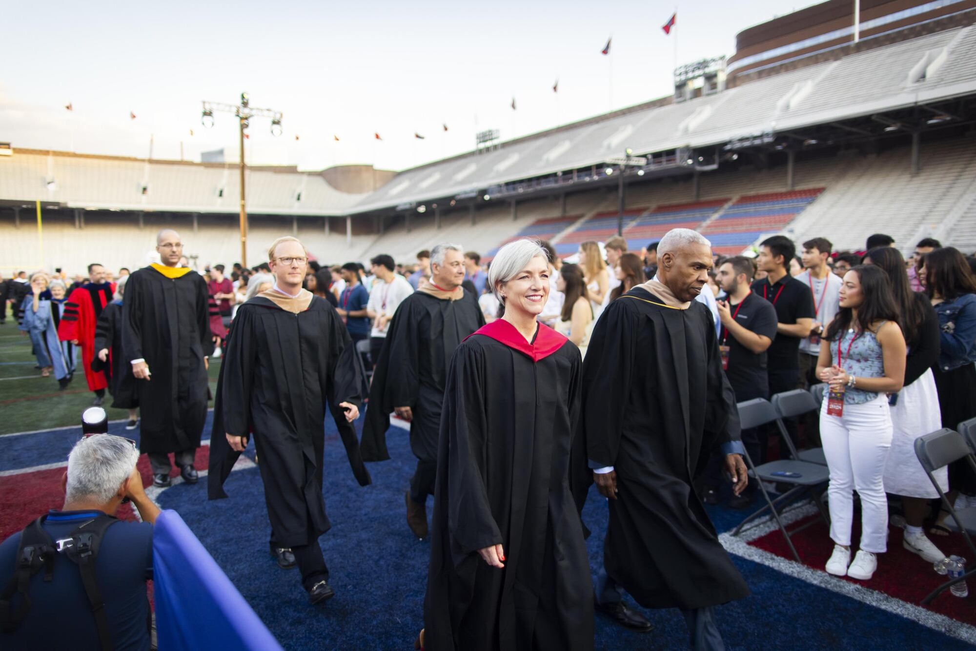 Whitney Soule and other faculty members in regalia on Franklin Field at Penn’s Convocation.