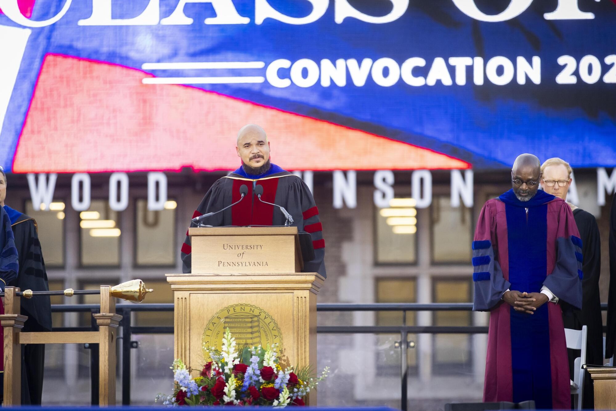 Chaz Howard at the podium at Penn’s convocation for the class of 2028.