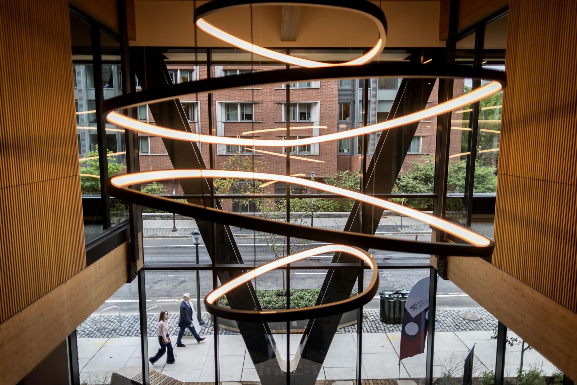 The interior entrance to AG Hall with a sculptural lighting display.