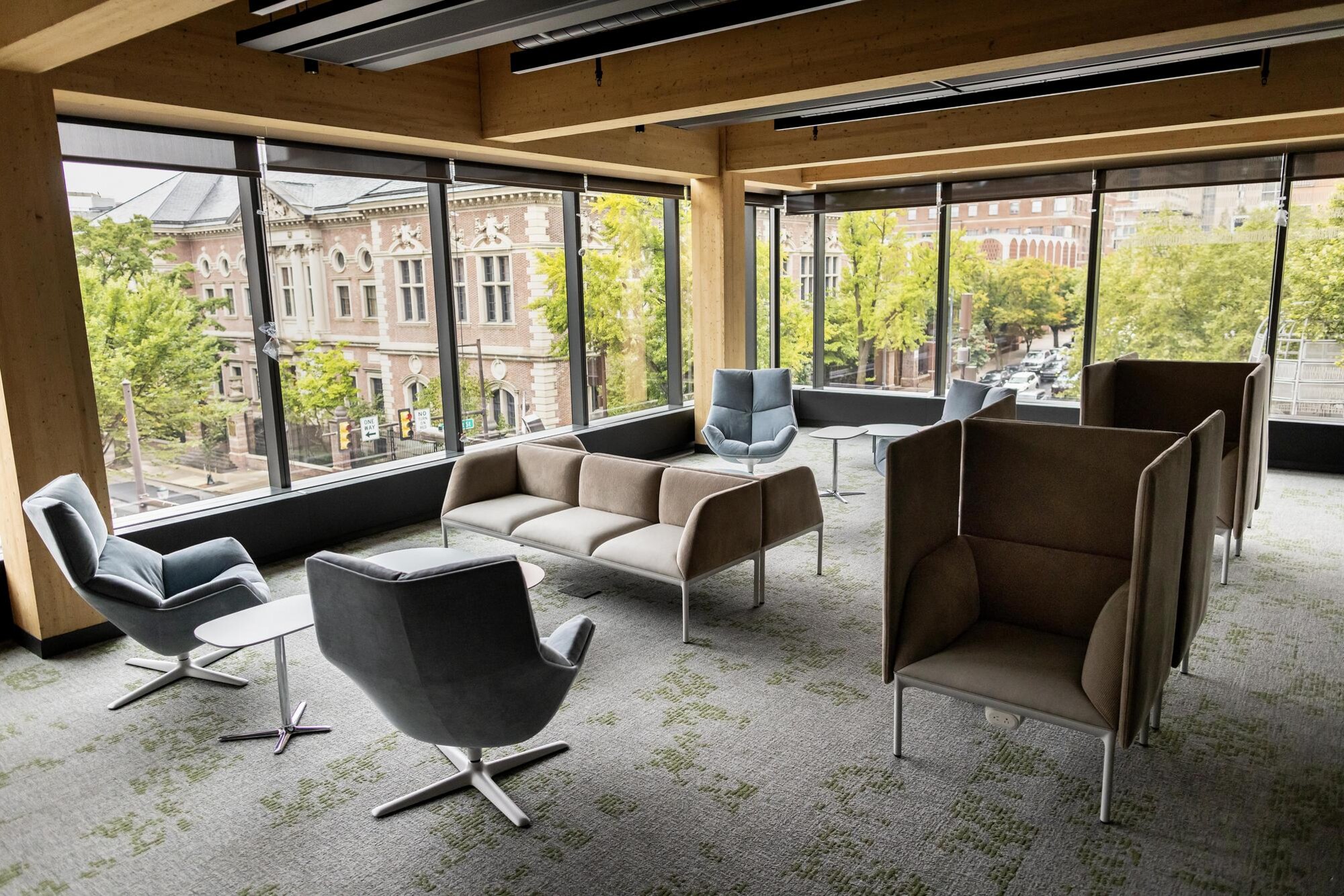 A lounge area with seating in the new Amy Gutmann Hall.