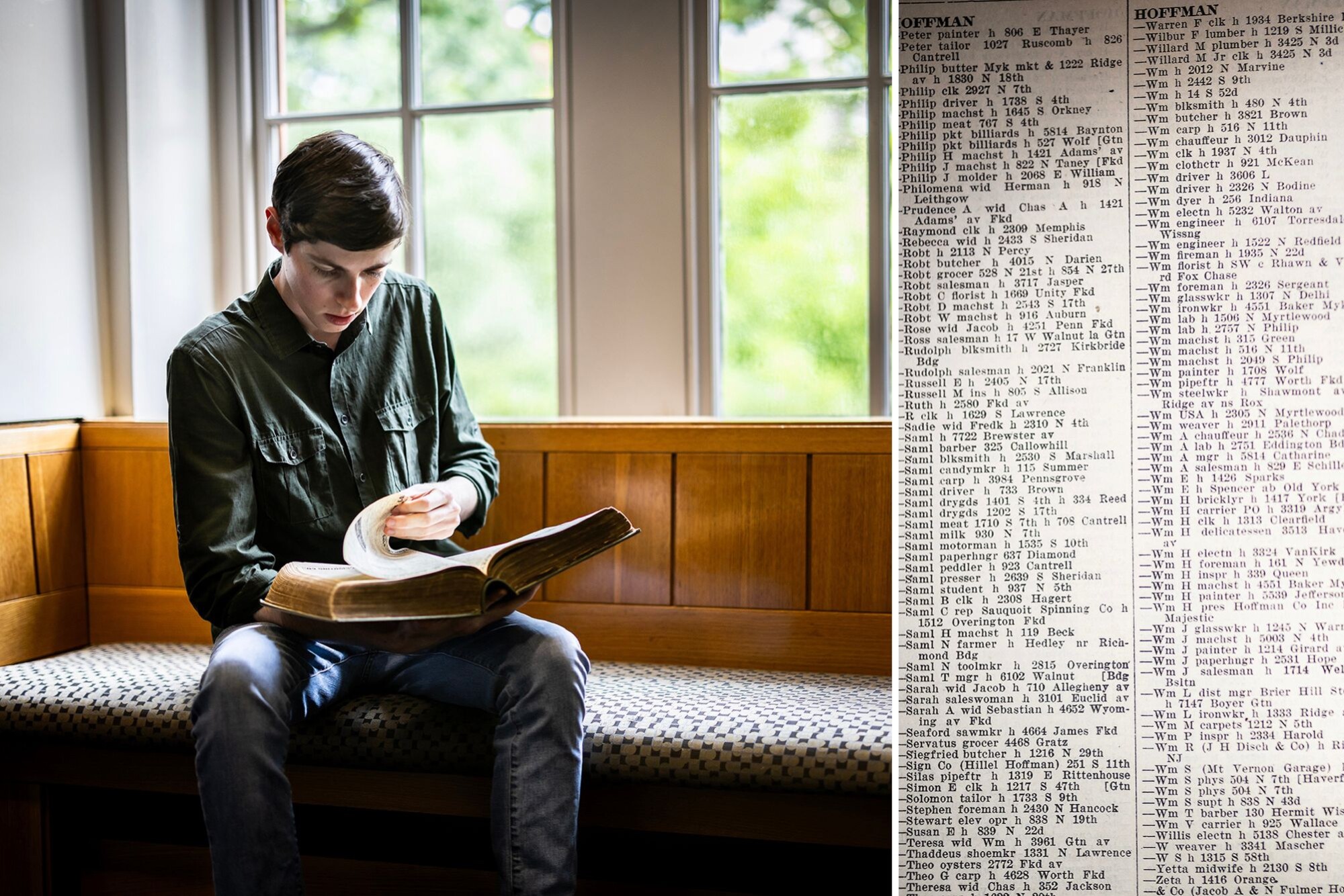 matthew Breier looks through an old Philadelphia directory.