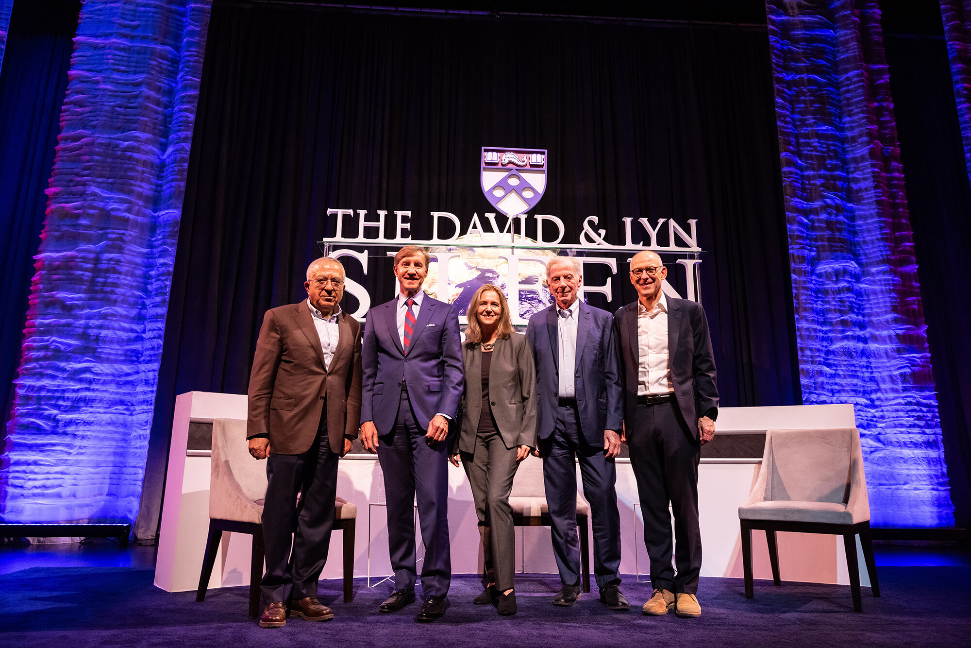 Penn president J. Larry Jameson and others on stage at Penn’s Silfen Forum.