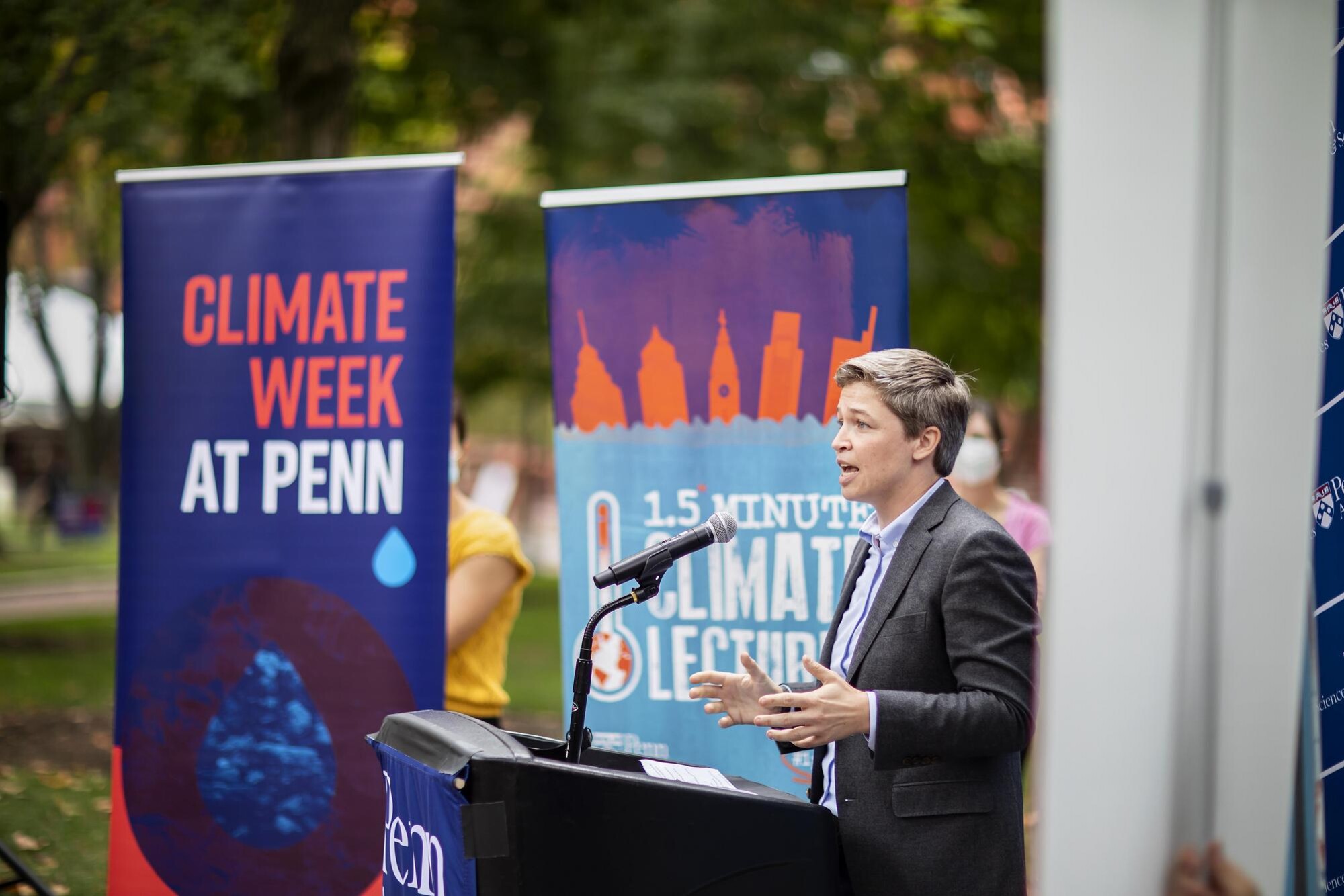 A speaker delivering a 1.5 minute climate lecture during Penn’s Climate Week.