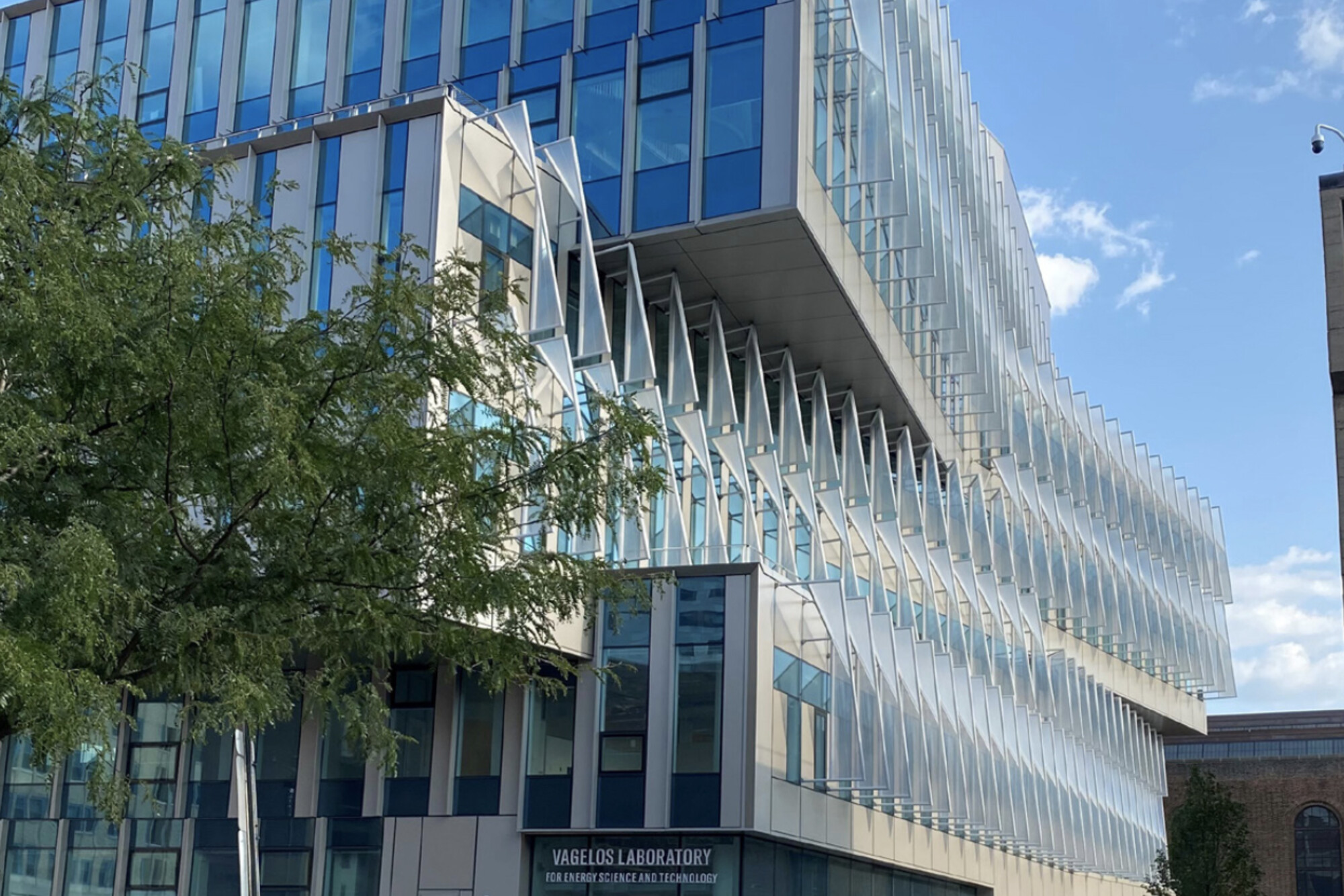 The exterior of the Vagelos building with its sun shades exterior.