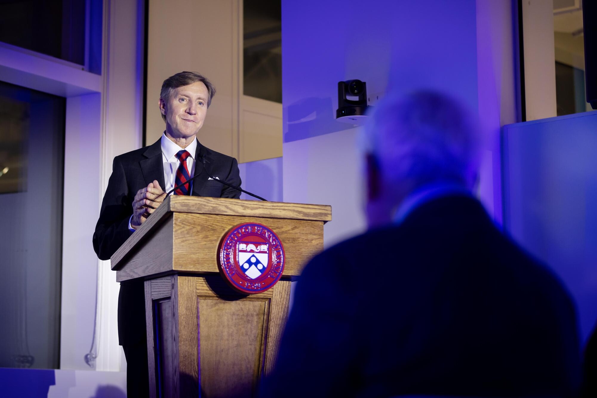 Penn Interim President J. Larry Jameson at the podium.