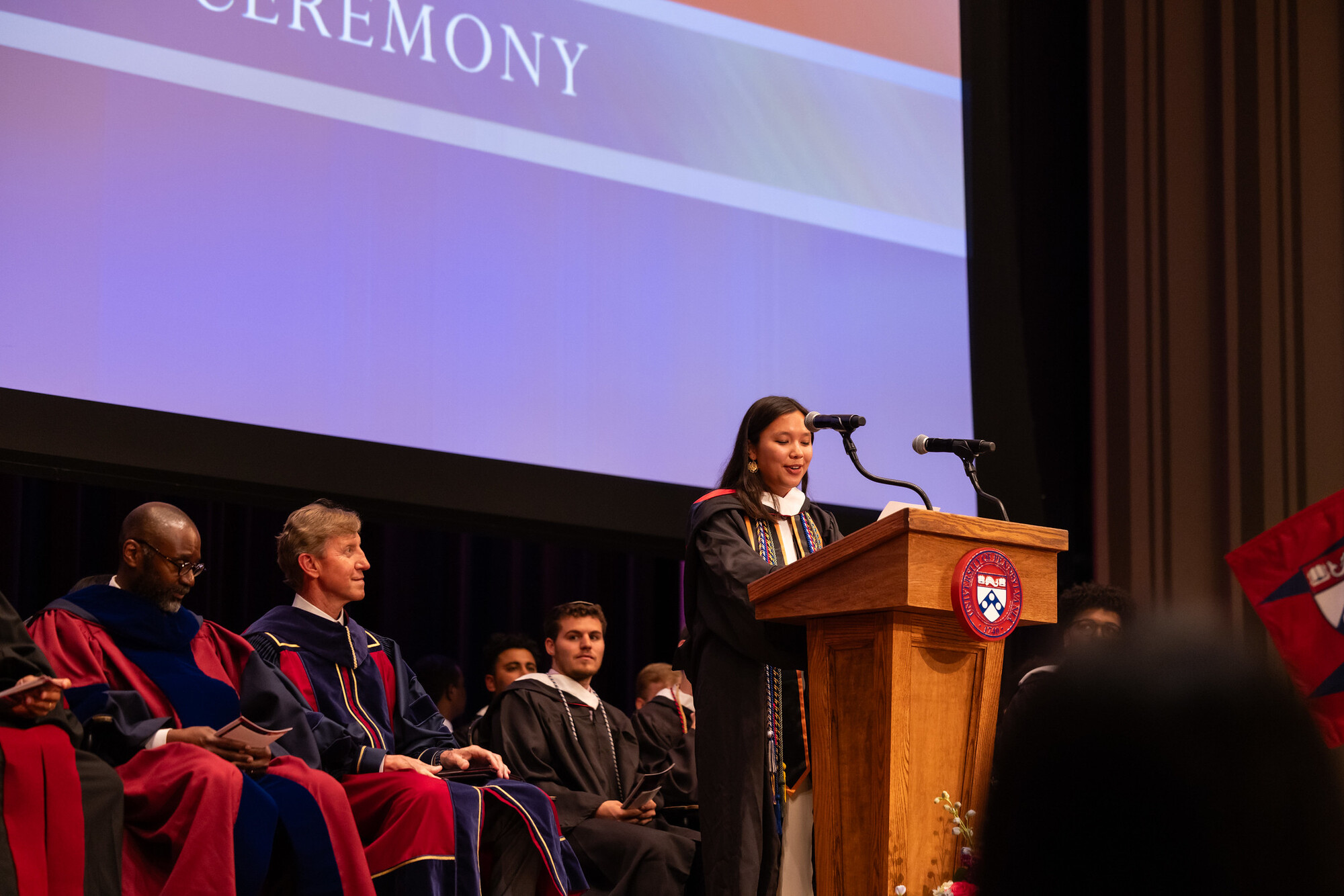 A student speaking at the podium at Penn’s Baccalaureate ceremony.