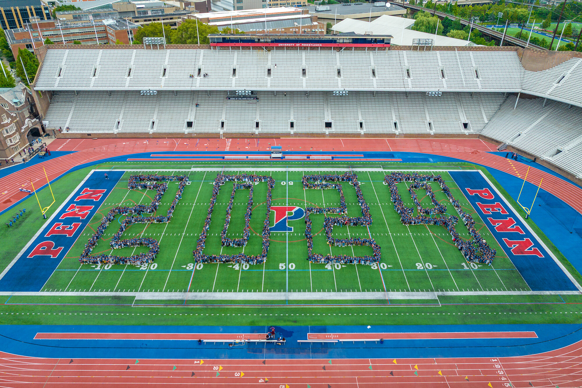 Class of 2029 spelled out by the student body on Franklin Field.
