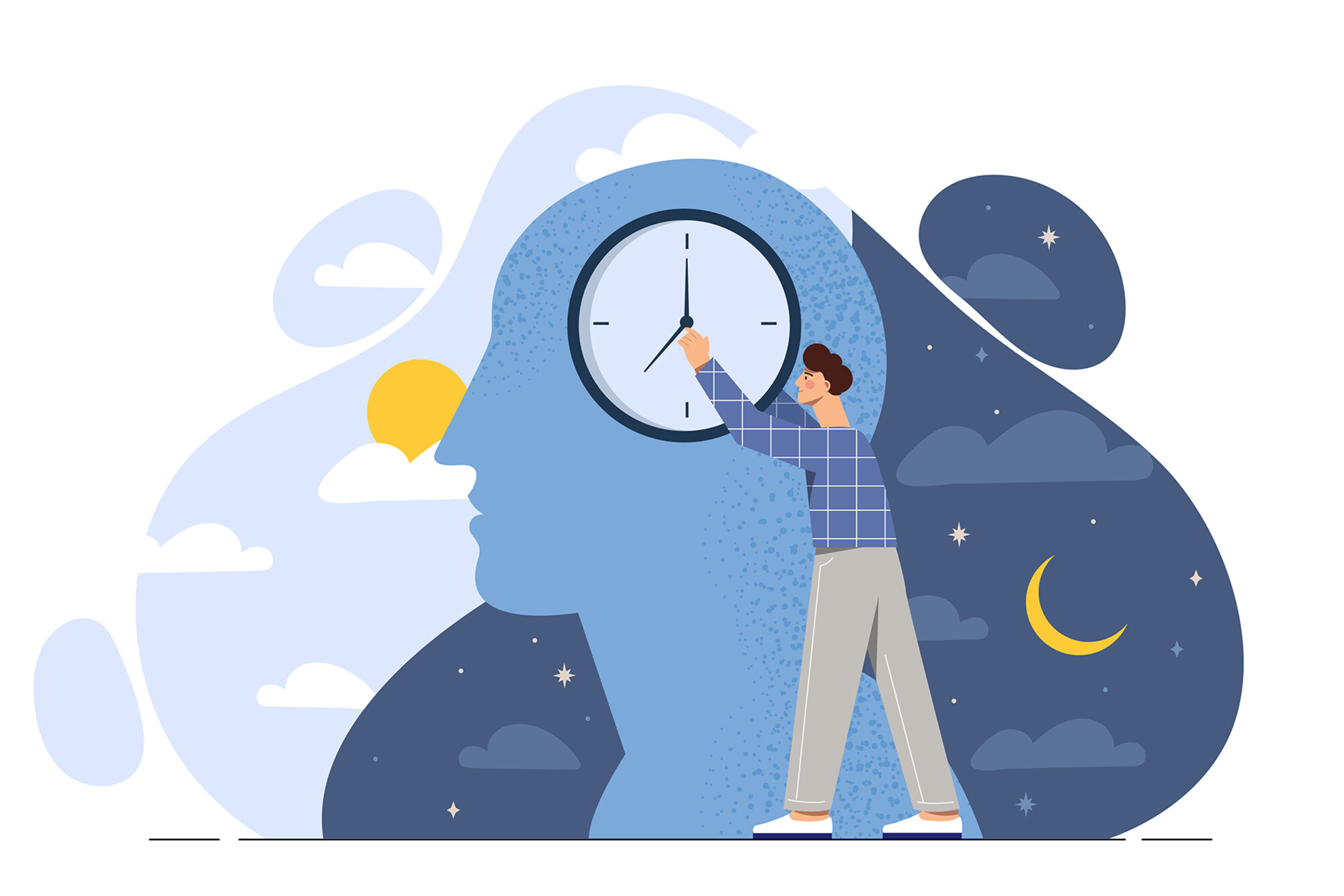 A person turning back a clock superimposed over a profile of a head and day and night icons.