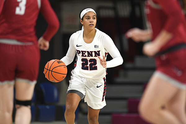 Mataya Gayle dribbles the ball up the court during a game at the Palestra.