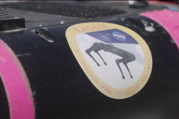 Close-up of NASA's LASSIE robot, logo in frame.