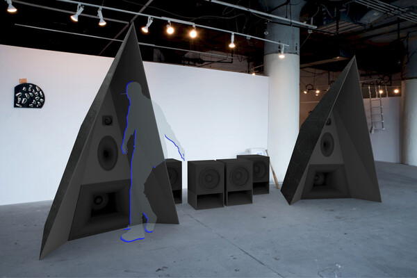 Stylized speakers and a blue silhouette of a person.