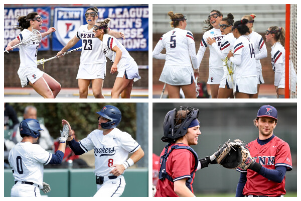 A collage showing women's lacrosse players celebrating and baseball players giving each other high fives.