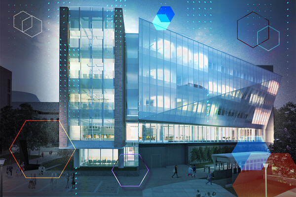 Building facade with symbols of artificial intelligence.