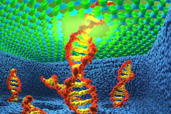 Artist depiction of DNA moving through a nanopore system.