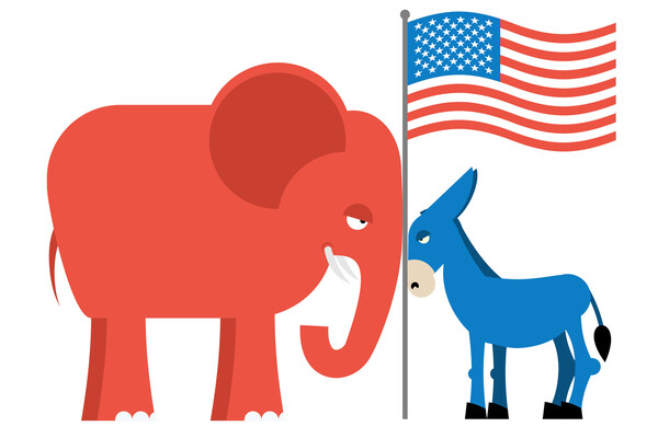 A cartoon elephant and donkey next to an American flag.