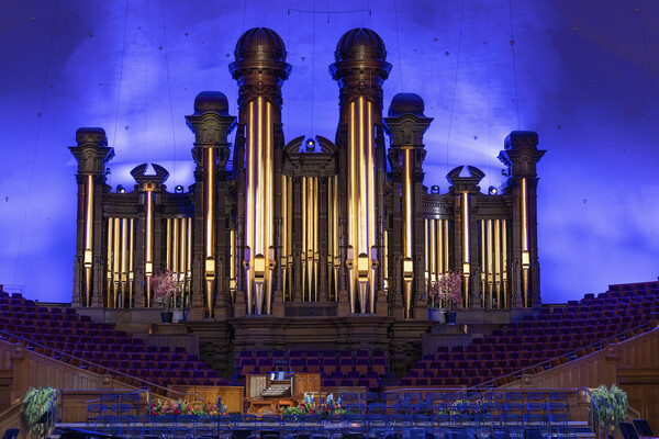 A tall gold-colored pipe organ stands above blue seats. The background is purple and blue.