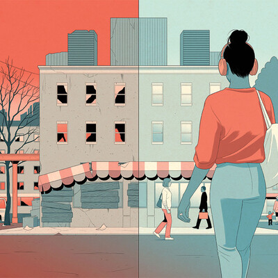 Illustration of a person walking to a building in a city, one side is abandoned, the other side is revitalized.