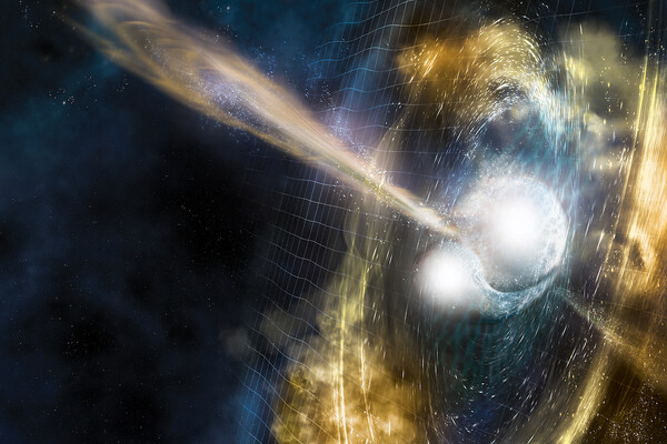 Artist’s illustration of two merging neutron stars. The narrow beams represent the gamma-ray burst while the rippling spacetime grid indicates the isotropic gravitational waves that characterize the merger. Swirling clouds of material ejected from the mer