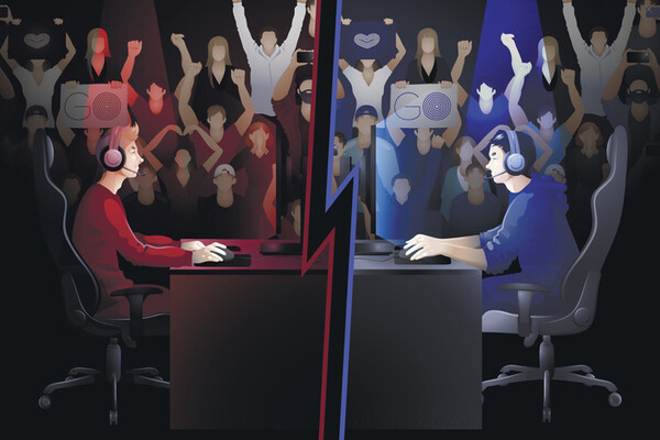 cartoon of dueling e-sport players facing each other with crowd cheering in background