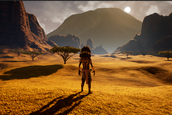 An African setting with a mountain and setting sun in the distance