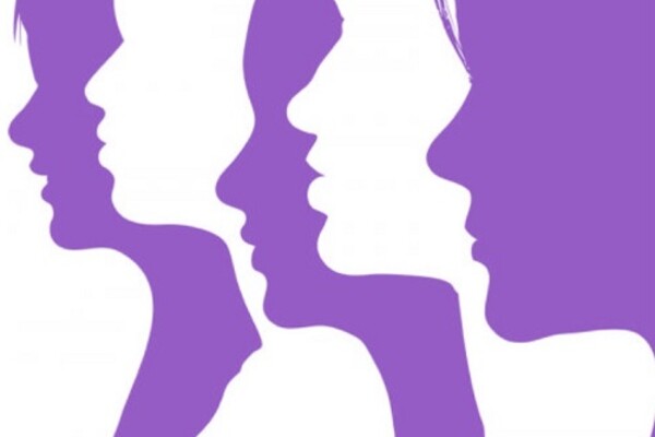 four profiles of women in white and purple ink