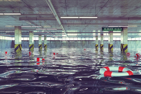 flooded parking garage with floating life preservers